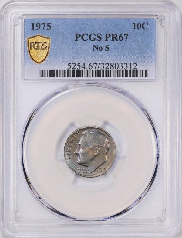 This undated image provided by GreatCollections shows a 1975 proof set dime mistakenly made without the San Francisco Mint's letter S mintmark.